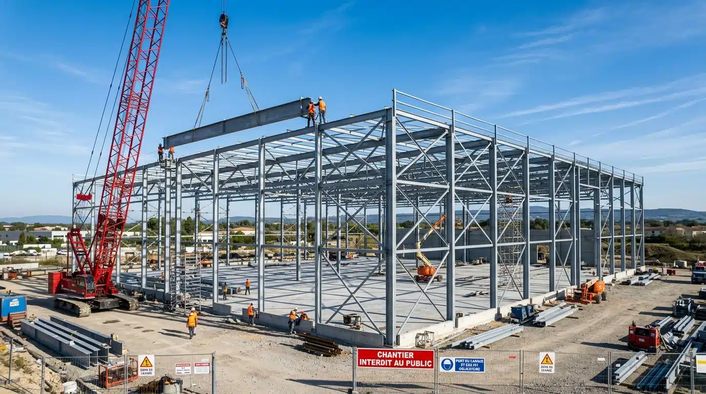 Charpente métallique d'un hangar industriel en cours de montage