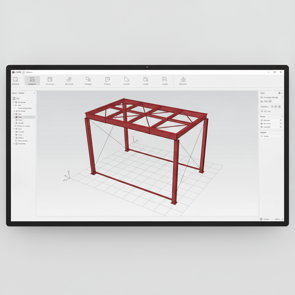 Interface CYPE 3D 2026 avec modèle 3D de charpente métallique - Bureau d'études ANDO