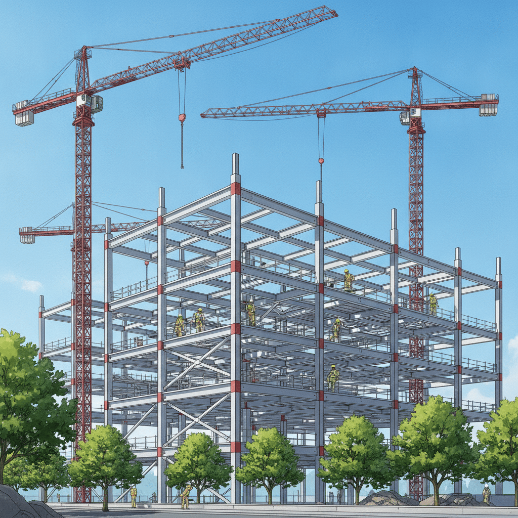 Chantier de construction métallique moderne - acier bas carbone 2026