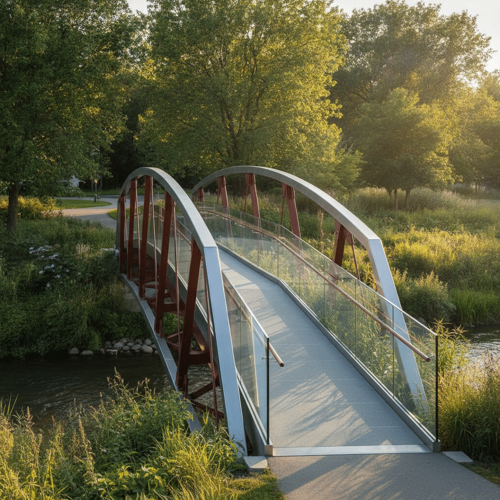 Passerelle piétonne en acier bas carbone dans un parc - architecture durable