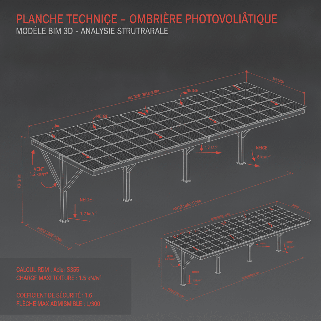 Modélisation BIM 3D calcul structure ombrière photovoltaïque Eurocodes ANDO