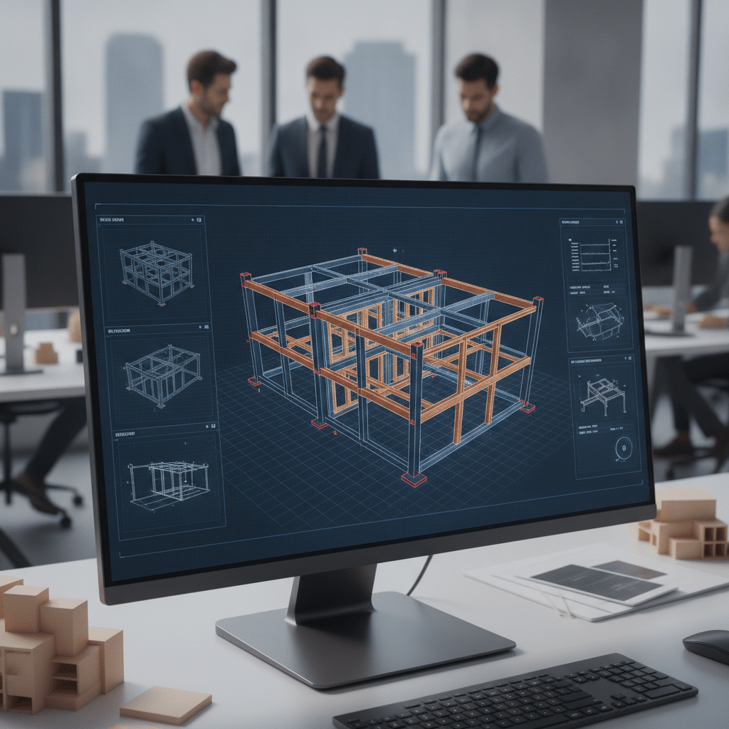 Maquette numérique BIM 3D d'un bâtiment modulaire structure métallique et bois sur écran