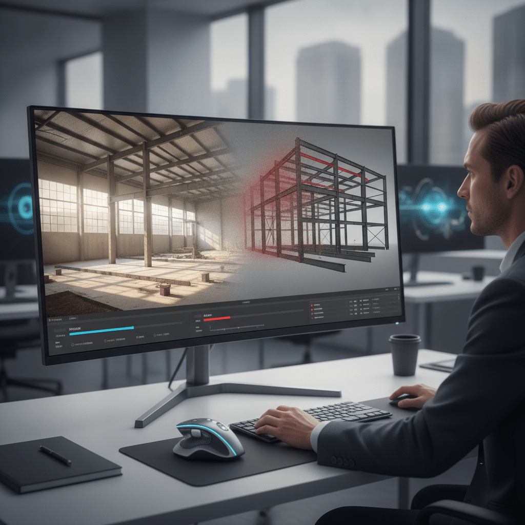 Modélisation BIM et jumeau numérique d'une structure métallique sur écran d'ordinateur