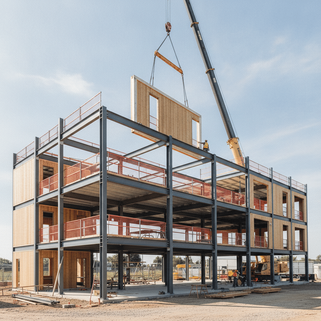 Chantier de construction modulaire avec assemblage de modules préfabriqués acier et bois par grue