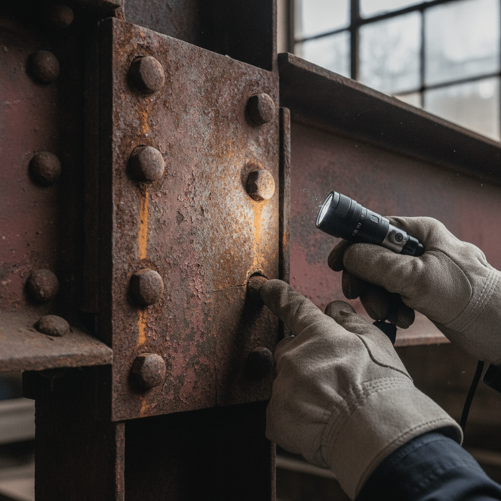 Inspection et diagnostic de charpente métallique ancienne, corrosion visible sur assemblages boulonnés