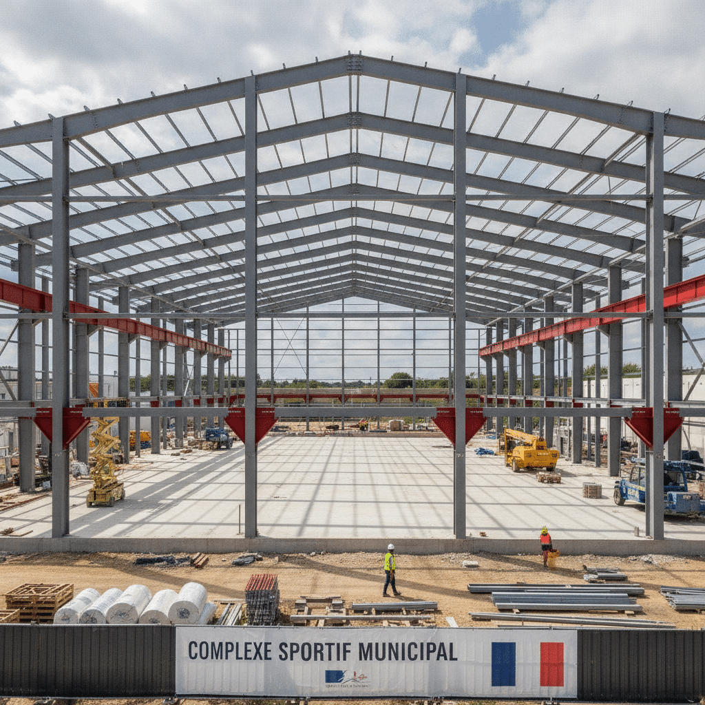 Gymnase moderne avec structure métallique porteuse, grandes portées acier pour équipement sportif