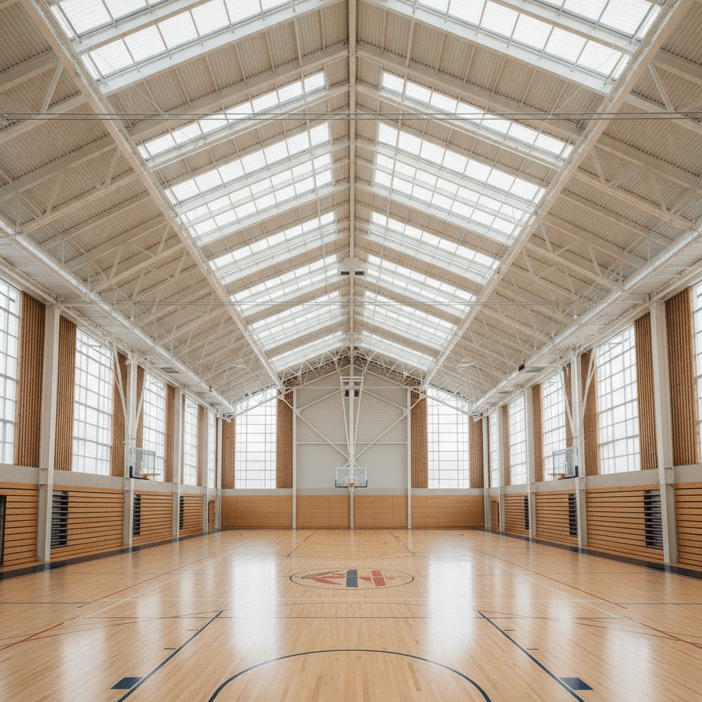Structure métallique de gymnase, grandes portées acier, charpente métallique intérieure
