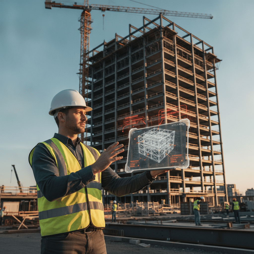 Ingénieur sur chantier utilisant une tablette avec IA pour l'optimisation de structures métalliques