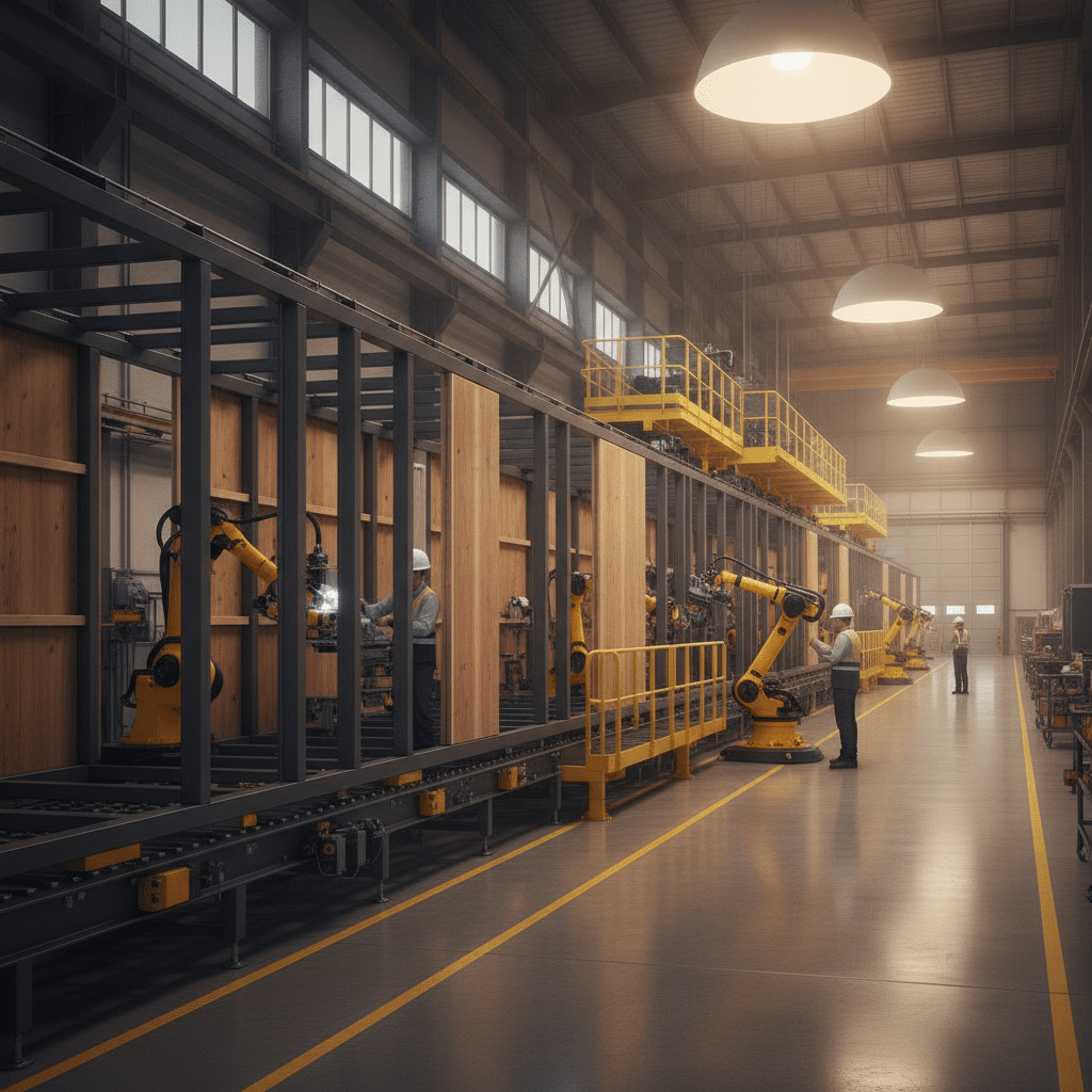 Ligne de production industrielle de modules préfabriqués structure métallique et bois pour construction modulaire