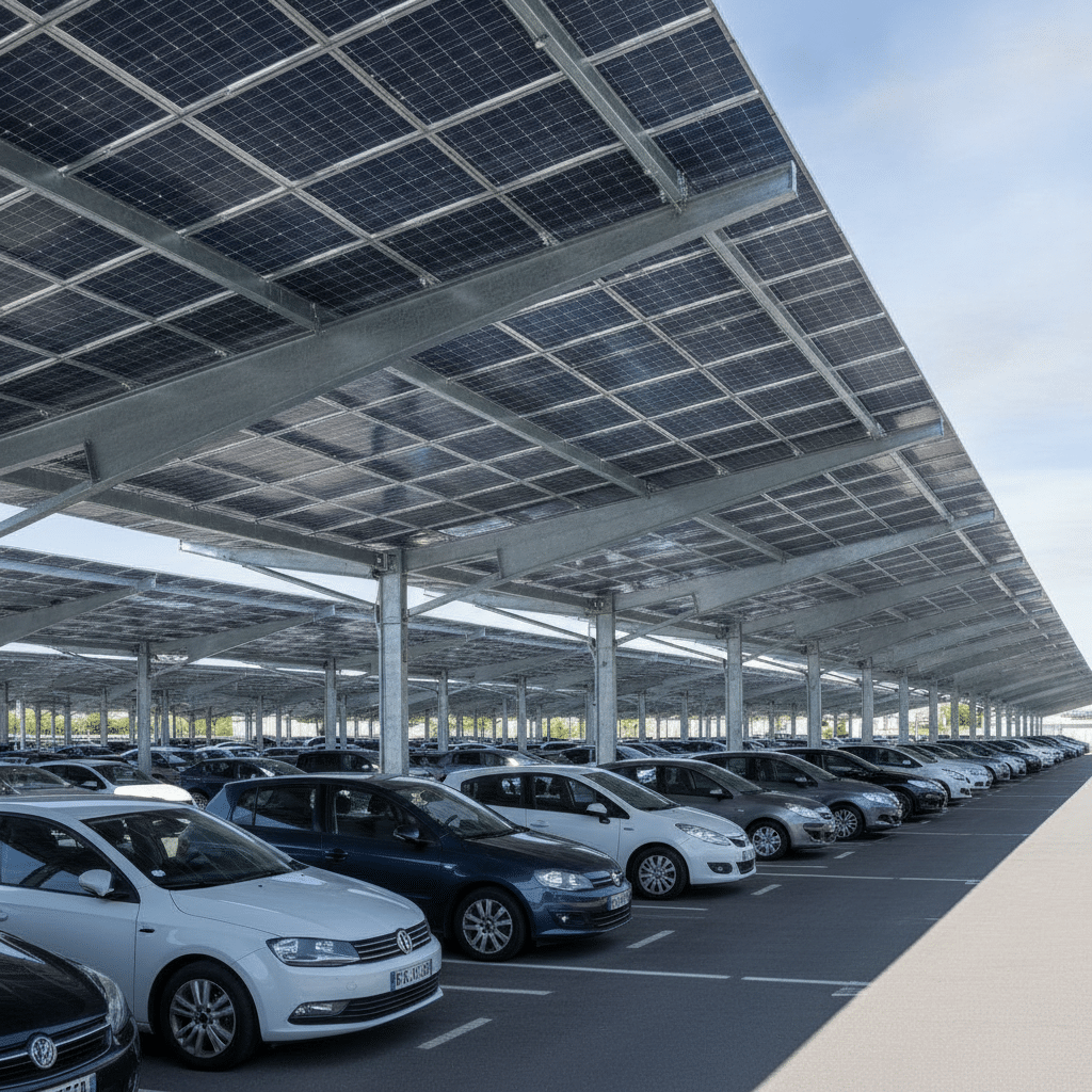 Vue panoramique d'un parking couvert d'ombrières photovoltaïques sur structure métallique acier