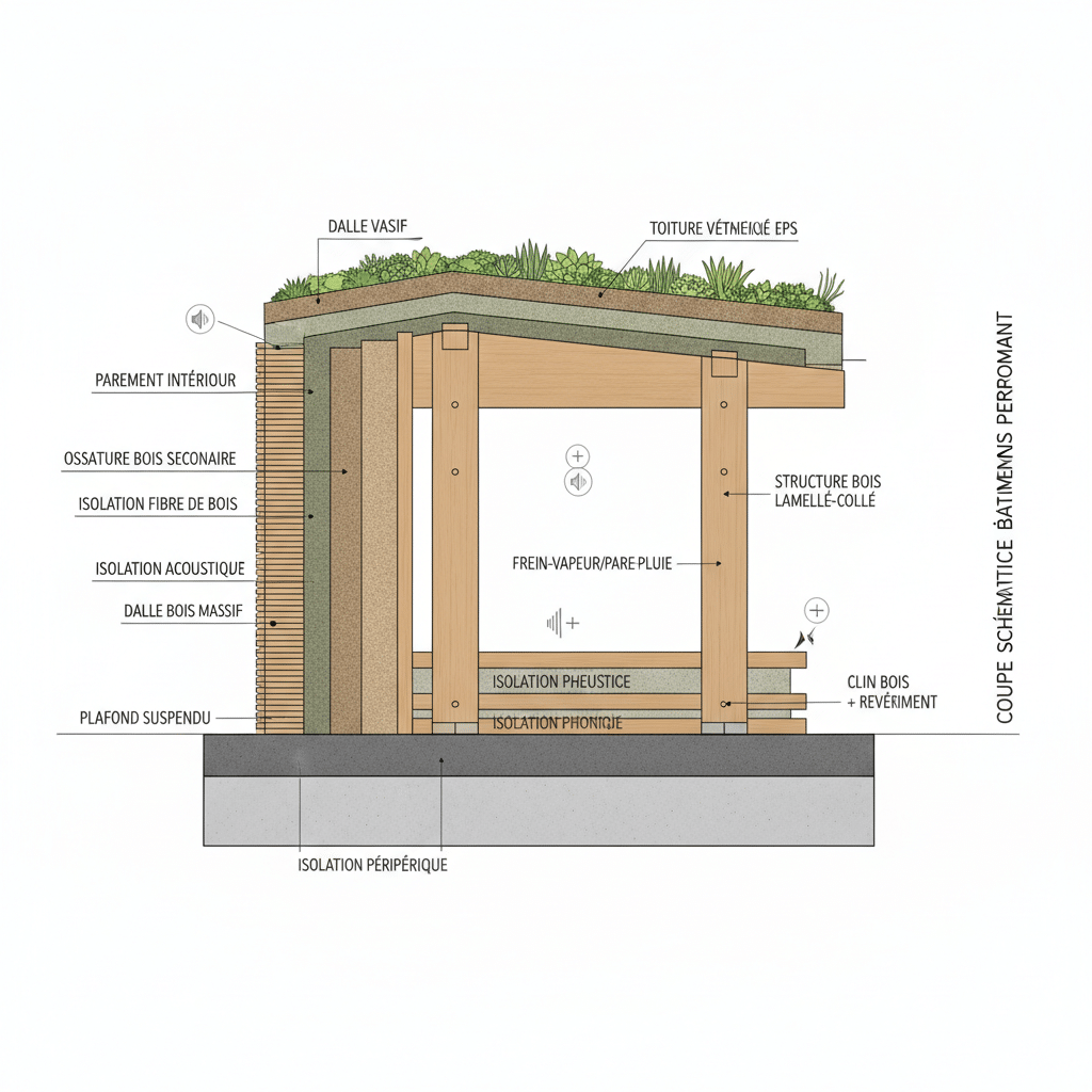 Coupe schématique d'un bâtiment bois avec isolation thermique et acoustique