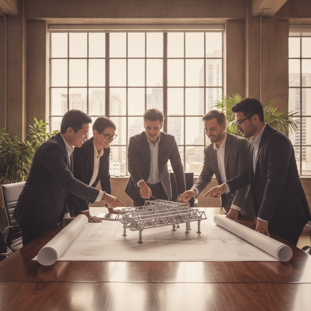 Architectes et ingénieurs réunis autour de plans de structure métallique - Rencontres SCMF 2026