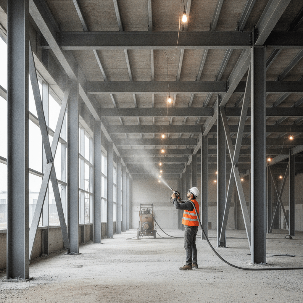 Application de flocage coupe-feu sur charpente métallique en chantier par un professionnel