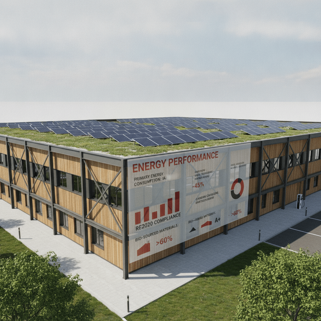 Bâtiment durable avec toiture végétalisée et solaire, affichage indicateurs performance RE2020