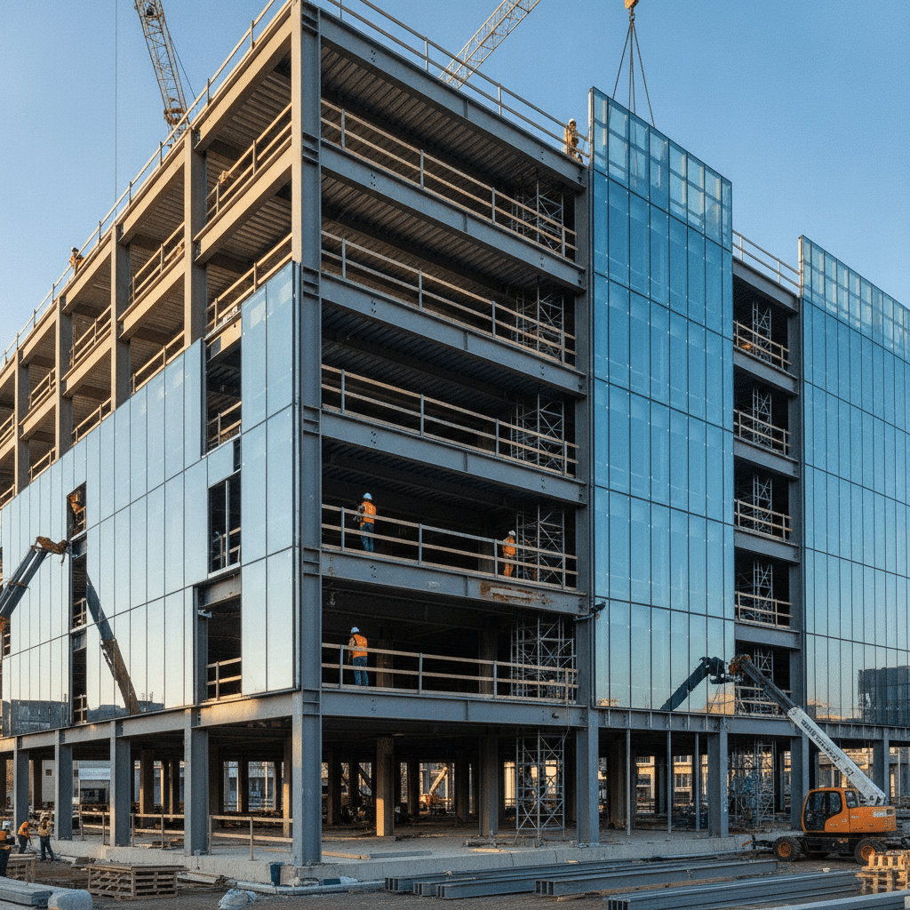 Bâtiment tertiaire moderne en construction avec structure acier et éléments réemployés