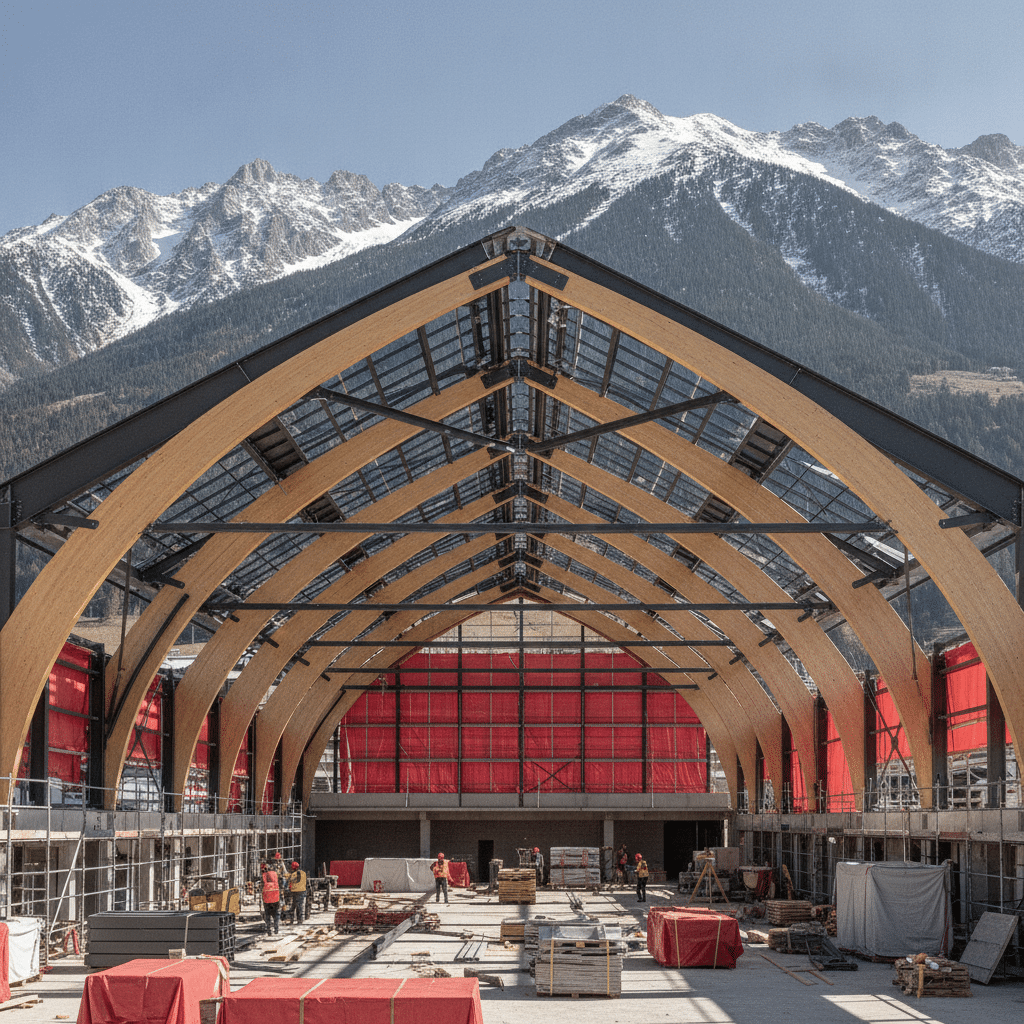 Vue d'ensemble du gymnase omnisports de Briançon avec sa charpente mixte bois-métal en zone alpine