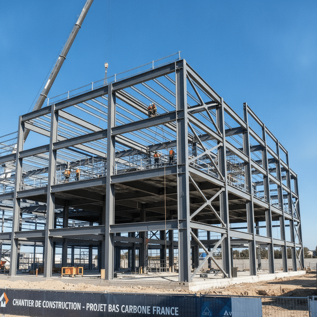 Chantier de construction métallique moderne avec structure acier bas carbone