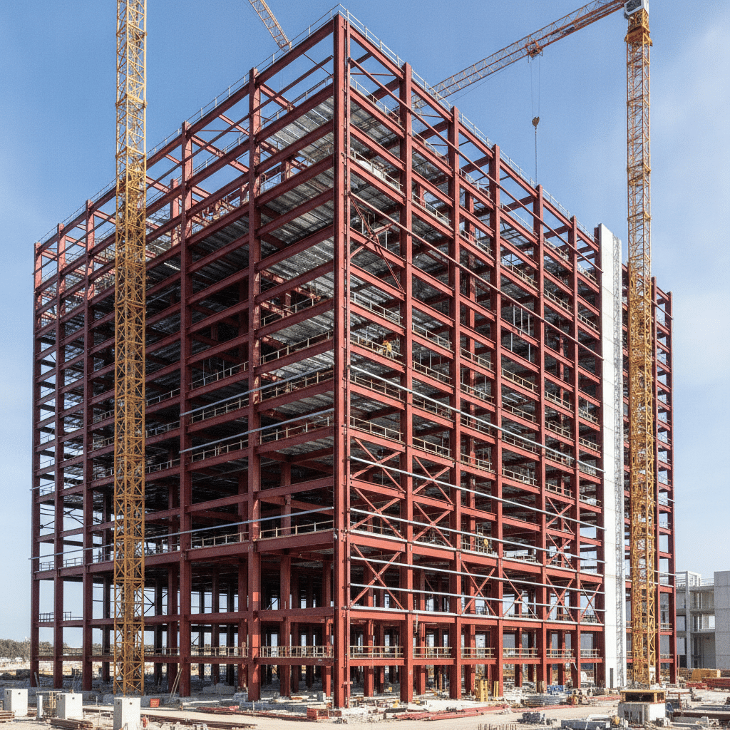 Chantier de construction d'un data center avec structure métallique acier - photo professionnelle
