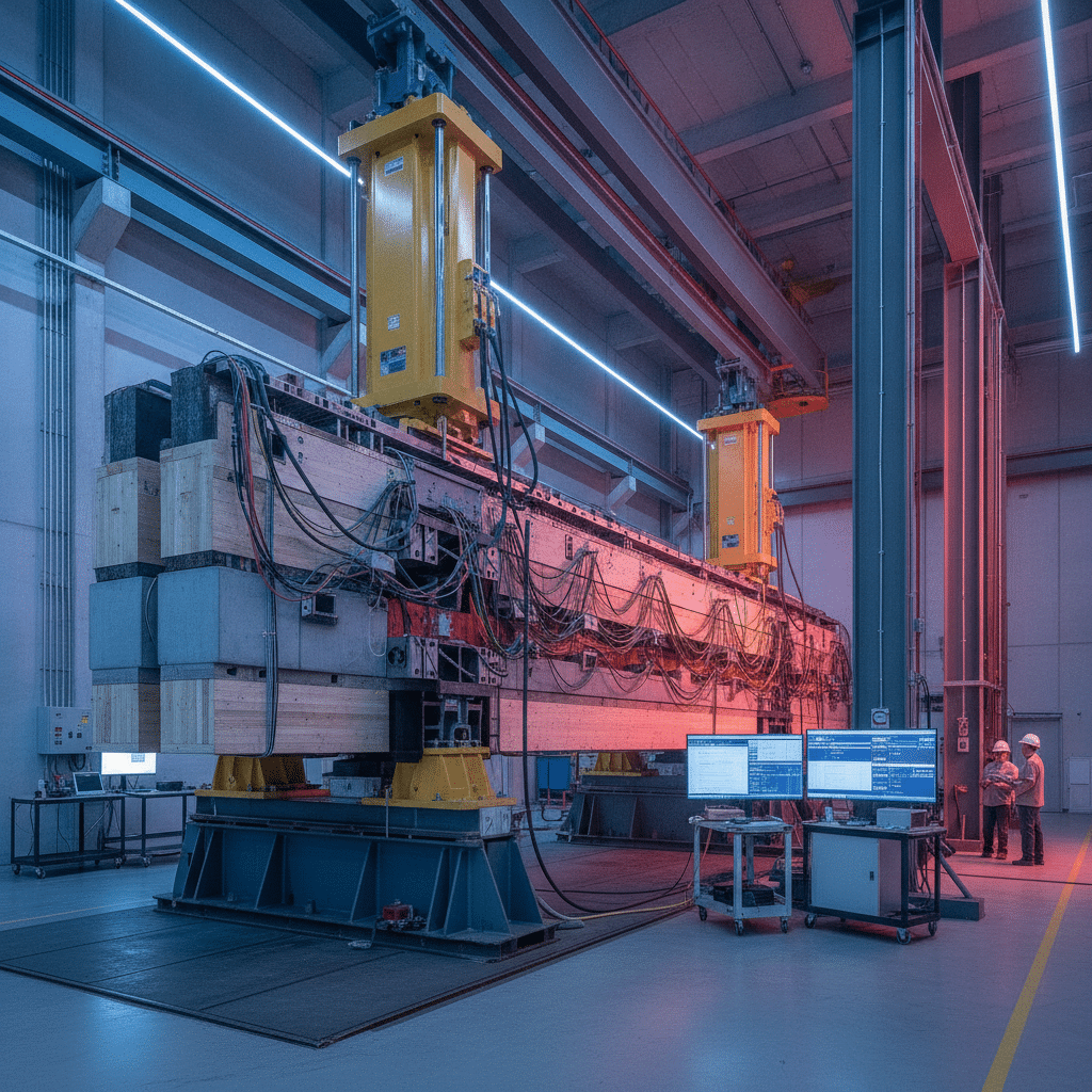 Essais de laboratoire de la poutre mixte acier-bois-béton au laboratoire structure de l'INSA Rennes avec vérin hydraulique