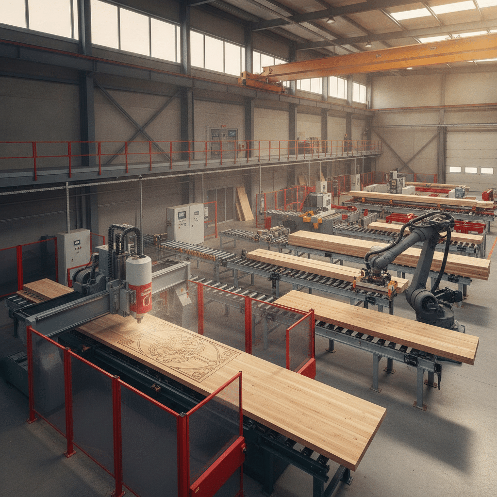 Industrialisation construction bois, CNC, atelier de transformation du bois