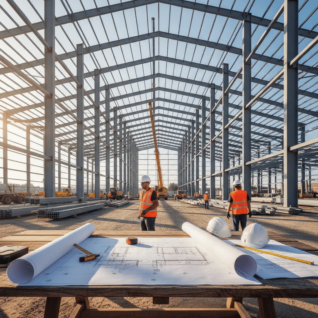 Chantier de construction métallique illustrant l'évolution des Eurocodes 2e génération pour les structures acier