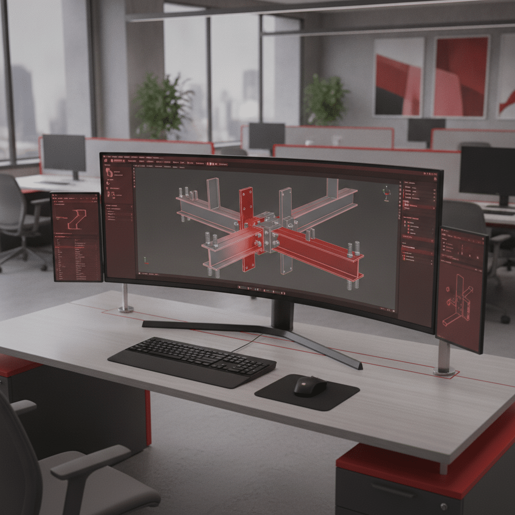 Ingénieur utilisant un logiciel BIM et de calcul pour dimensionner des assemblages encastrés selon l'Eurocode 3