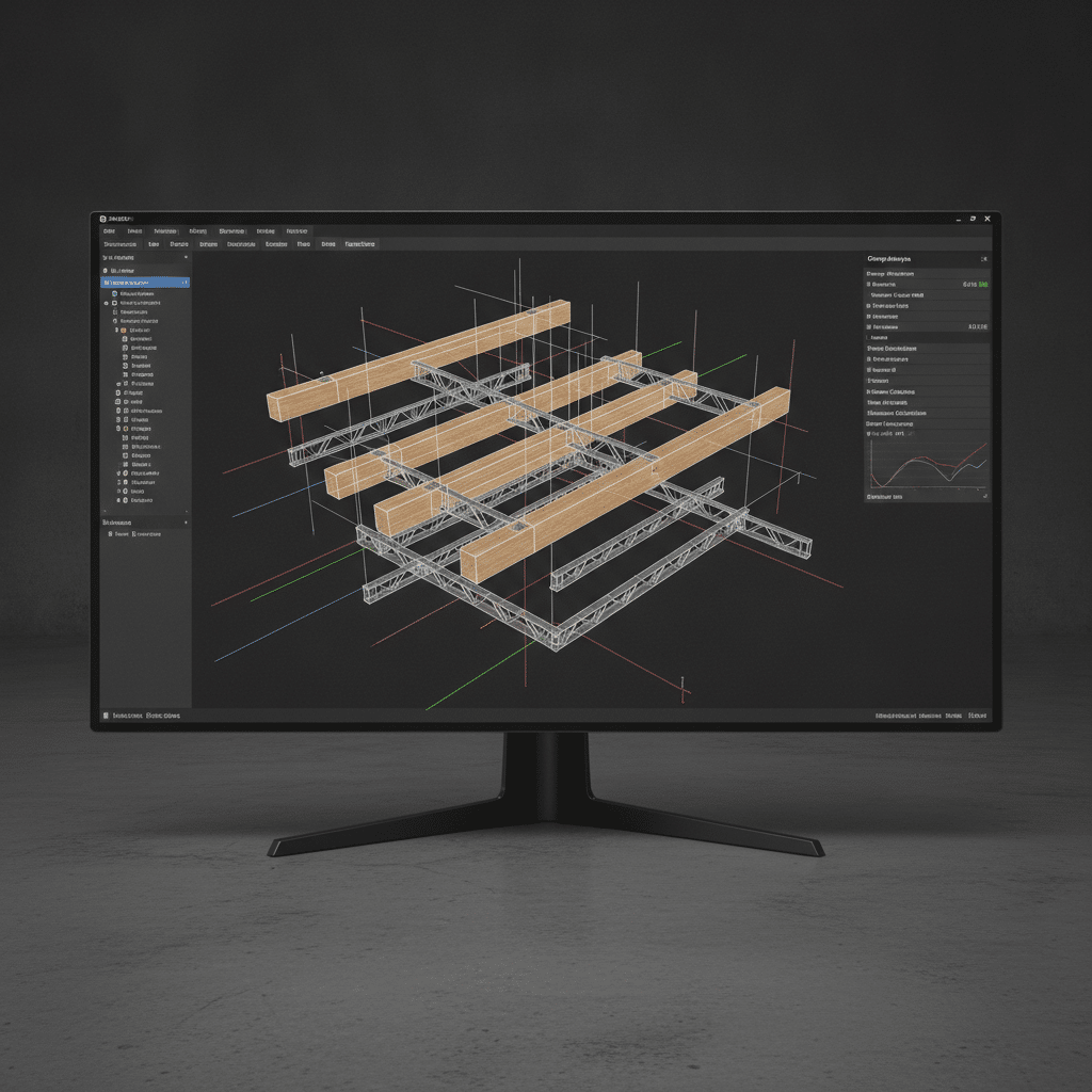 Maquette numérique BIM d'une structure mixte bois-métal avec modélisation CAO des assemblages