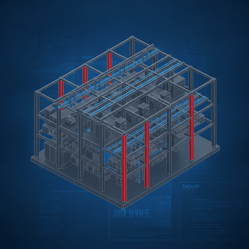 Visualisation 3D BIM d'un data center montrant la structure acier et les réseaux techniques