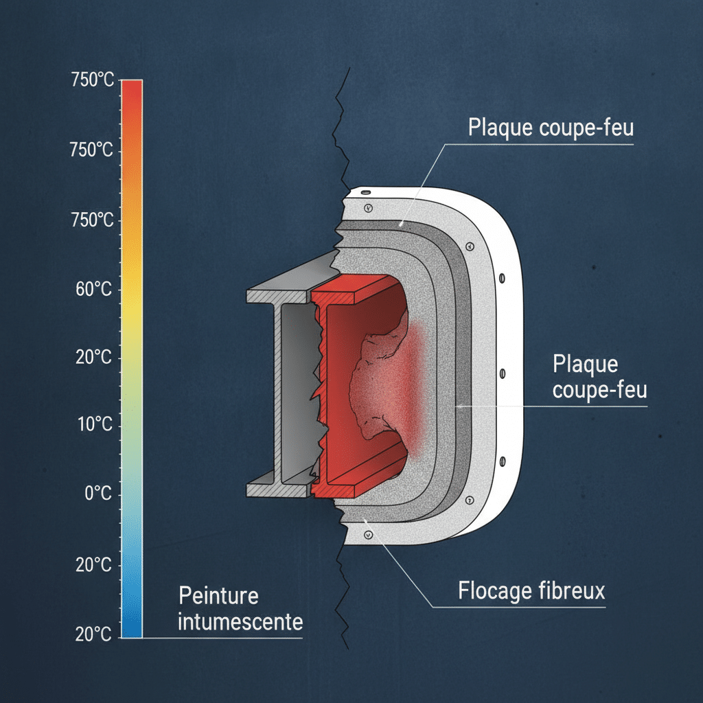 Coupe technique d'une poutre acier avec protection passive incendie - peinture intumescente, flocage et encapsulation