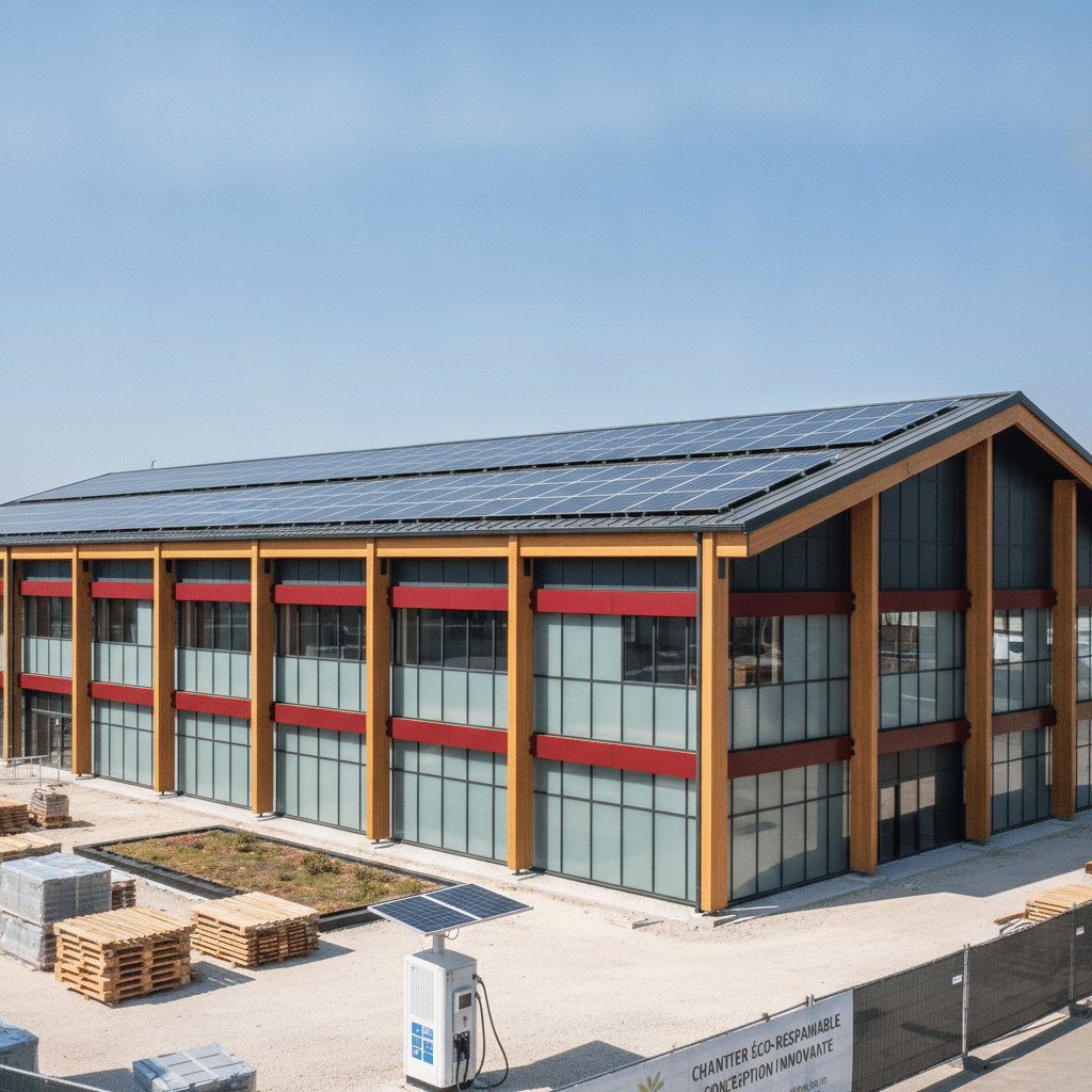 Bâtiment industriel moderne avec structure métallique et panneaux photovoltaïques - RE2020 extension 2026