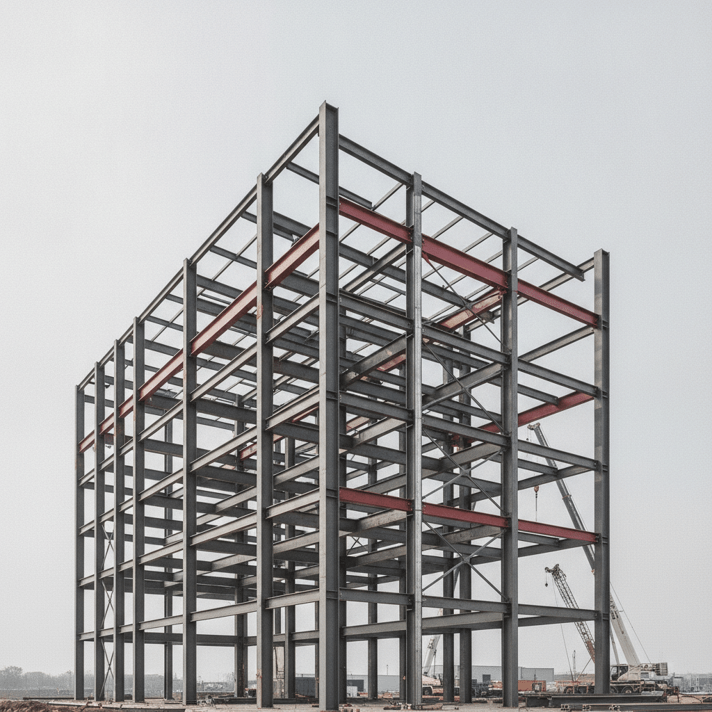 Chantier de construction métallique moderne intégrant des poutres en acier réemployé