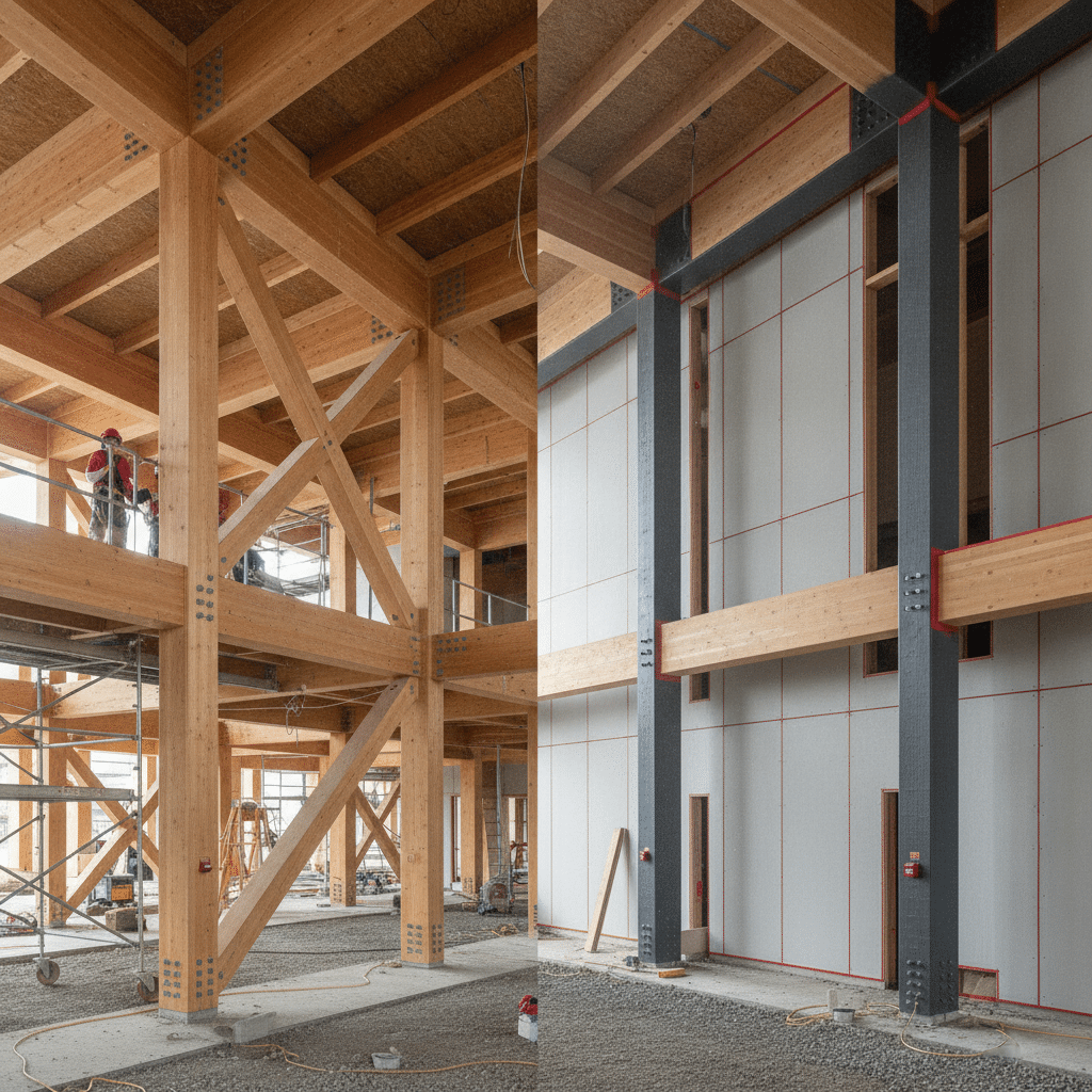 Structure bois avec protection incendie encapsulée dans un ERP moderne