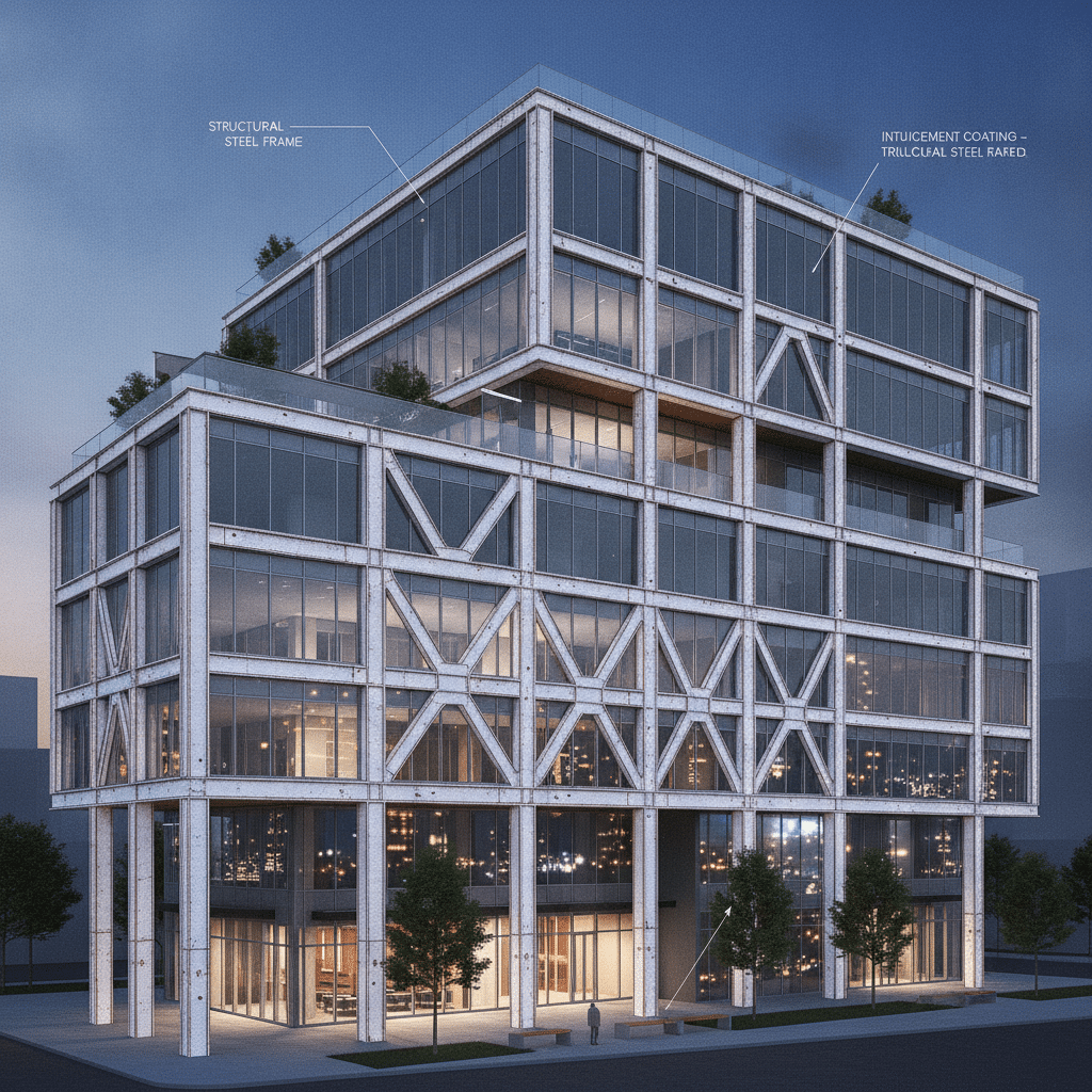 Bâtiment moderne mixte acier-béton avec protection incendie conforme aux nouveaux Eurocodes EC3 et EC4