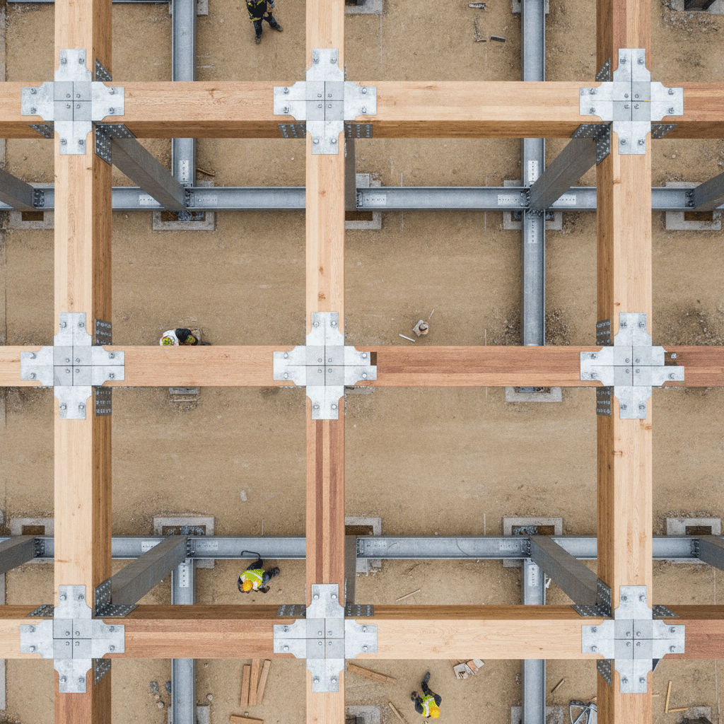 Structure mixte acier et bois en chantier - assemblage de poutres et poteaux pour bâtiment industriel