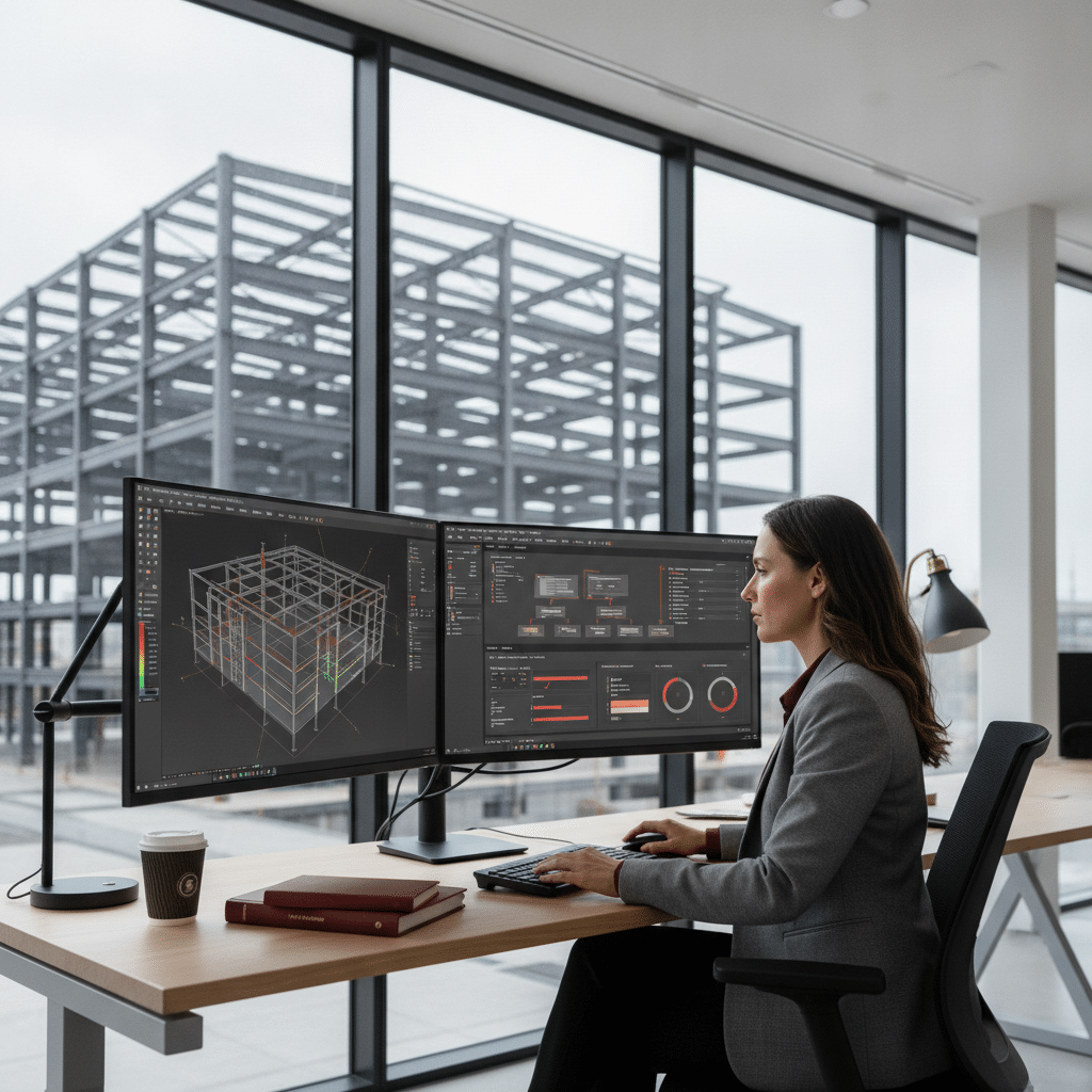 Ingénieur structure travaillant sur un logiciel de calcul assisté par IA pour charpente métallique