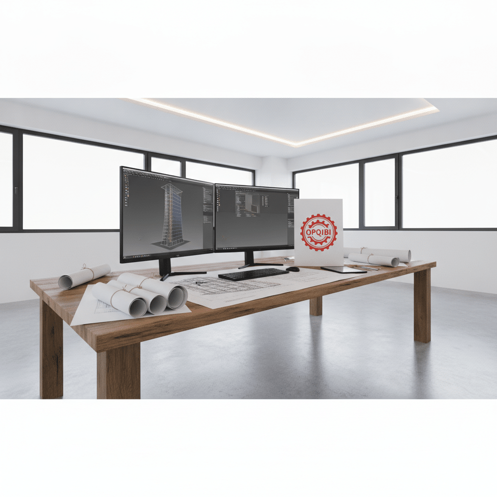 Bureau d'études structures certifié OPQIBI - Table de travail avec plans et modélisation BIM