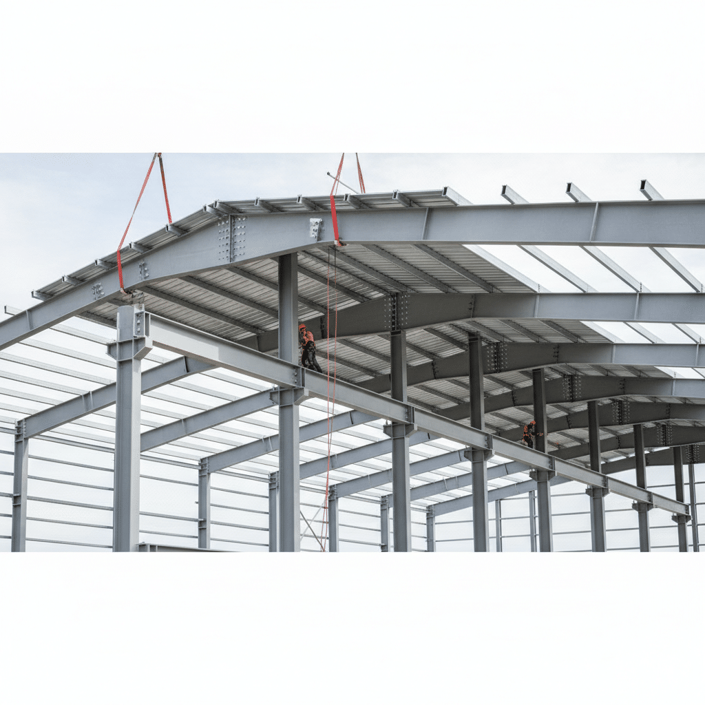 Charpente métallique industrielle en cours de montage sur un chantier — construction métallique 2026