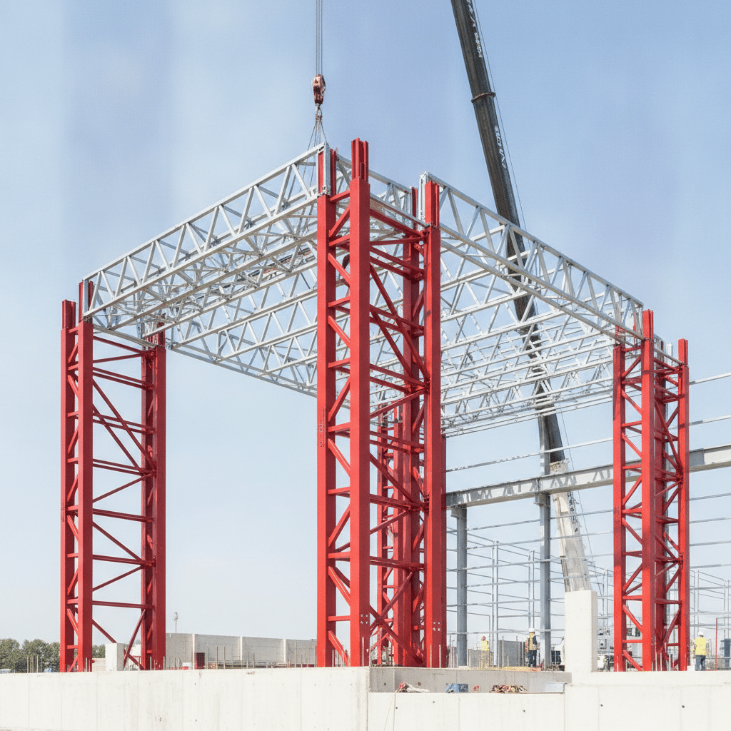 Assemblage de modules de charpente métallique préfabriquée sur un chantier industriel en 2026
