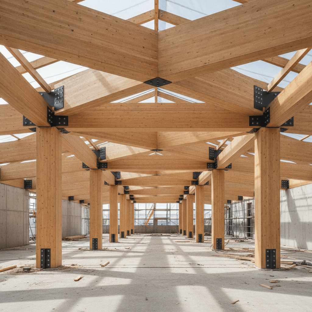 Structure en lamibois LVL en construction - charpente bois grande portée