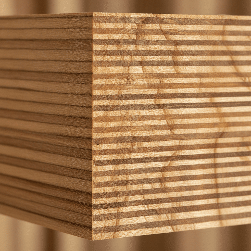 Détail macro des couches de placage bois du lamibois LVL - vue en coupe