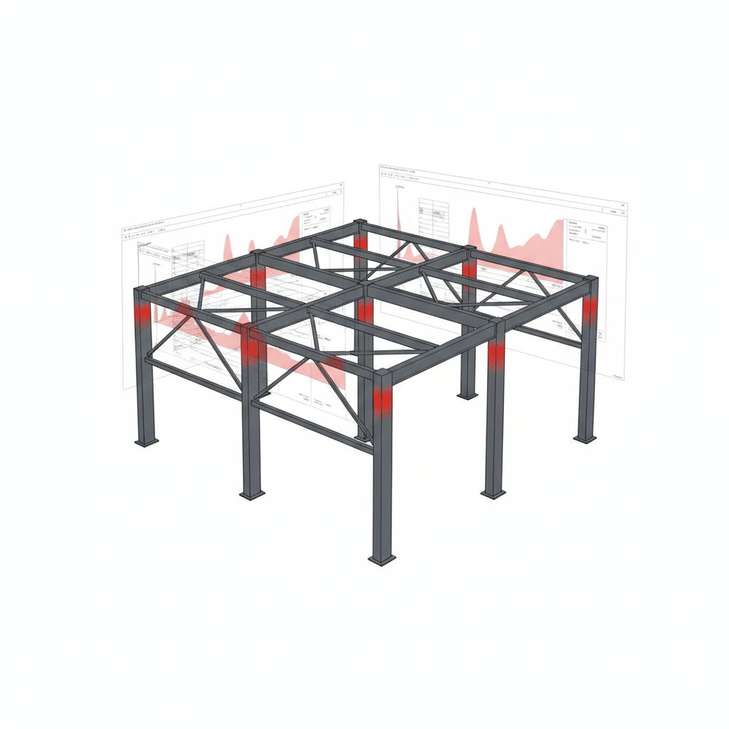 Maquette BIM 3D d'une ossature métallique avec résultats de note de calcul et plans d'exécution