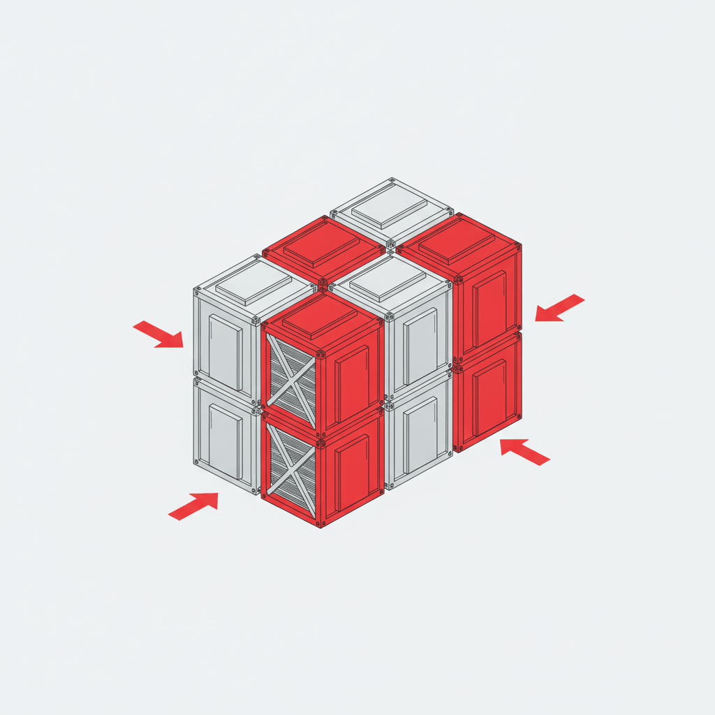Illustration de modules structurels en acier empilés pour un data center modulaire