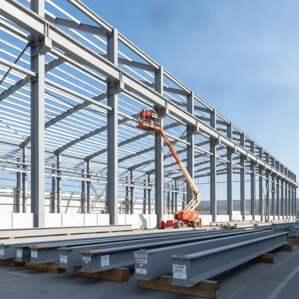 Éléments de charpente métallique déposés, marqués et identifiés pour un réemploi sur un chantier de déconstruction sélective