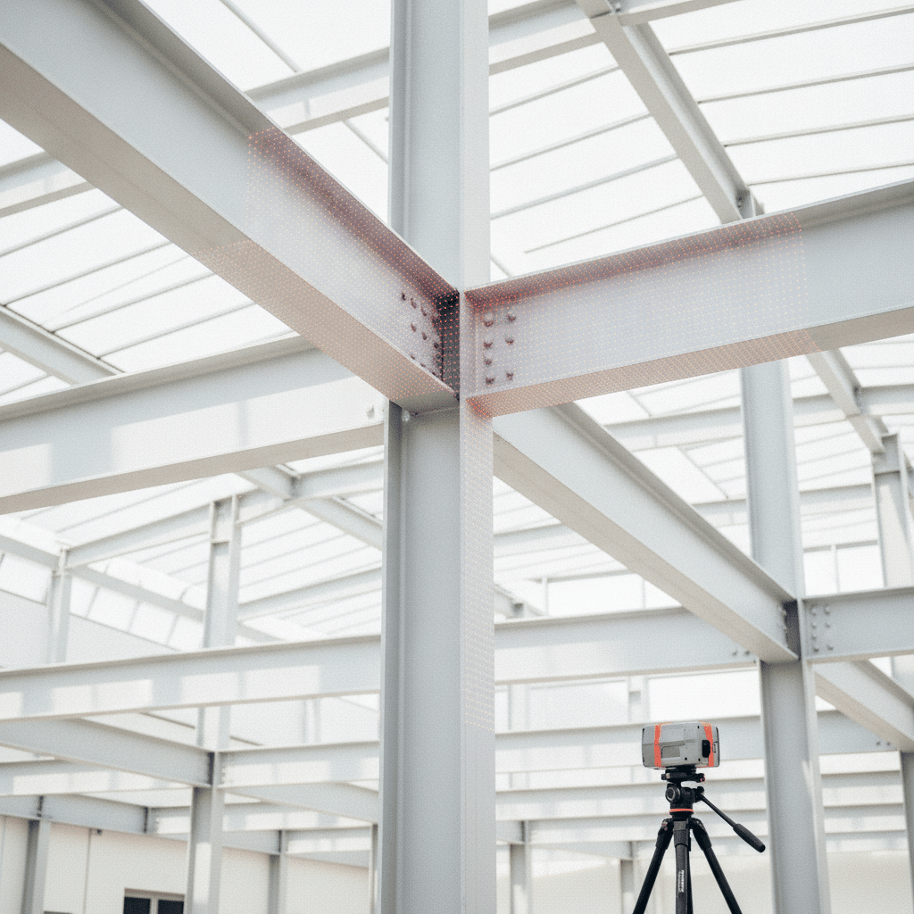 Relevé 3D par scanner laser d'une charpente métallique existante en acier avant recalcul aux Eurocodes