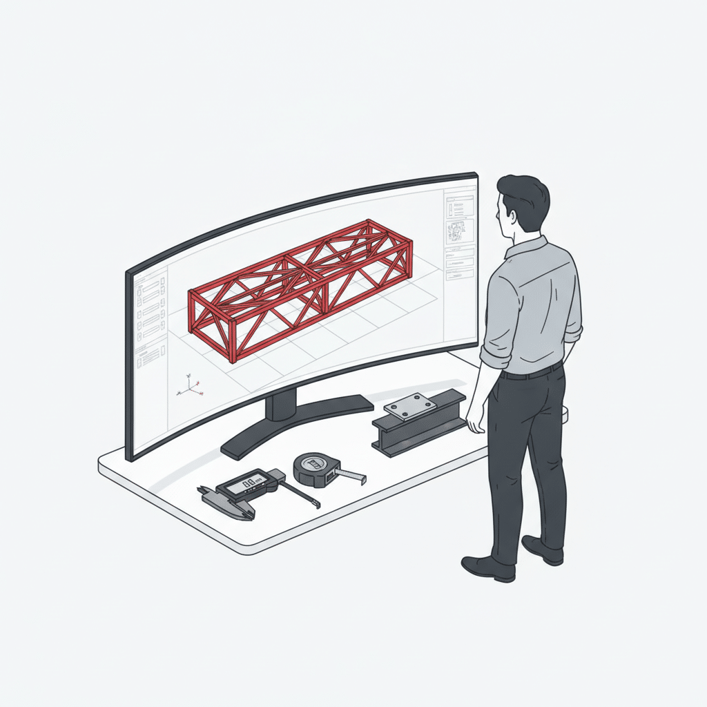 Ingénieur structures devant une modélisation 3D BIM d'une charpente métallique et instruments de contrôle d'un acier de réemploi