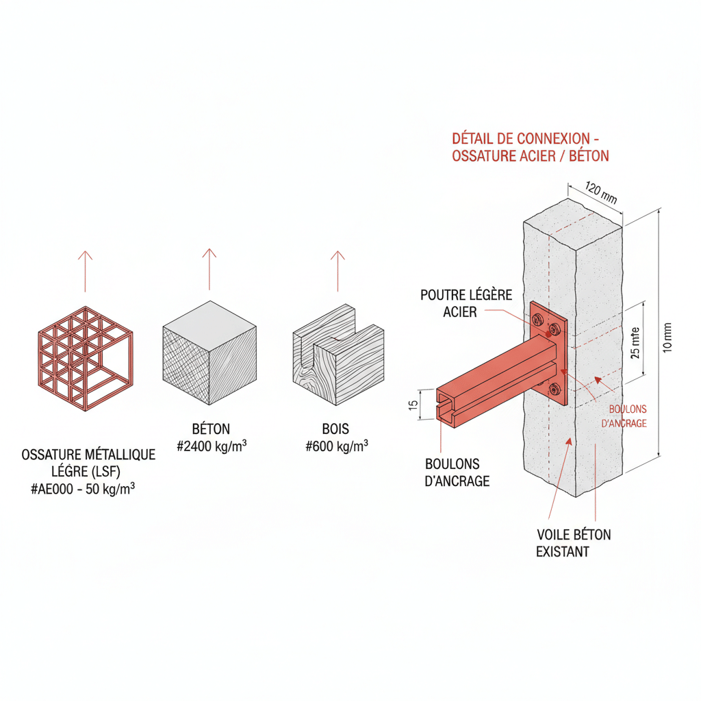 Schéma technique comparatif de la structure métallique légère acier pour surélévation