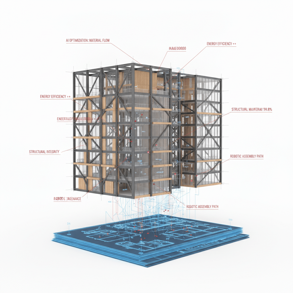 Maquette numérique BIM de structure mixte acier-bois avec annotations IA