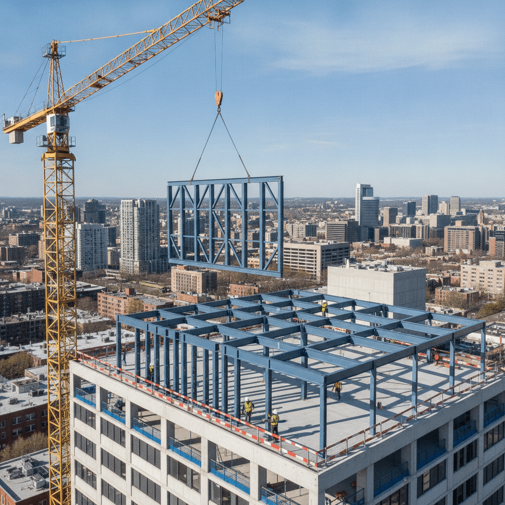 Préfabrication et montage rapide d'une structure acier pour surélévation