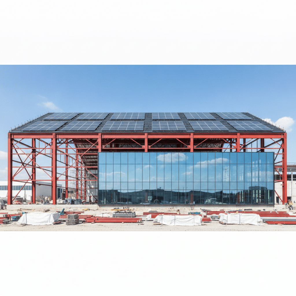 Bâtiment industriel moderne en charpente métallique avec panneaux photovoltaïques conforme RE2020 2026