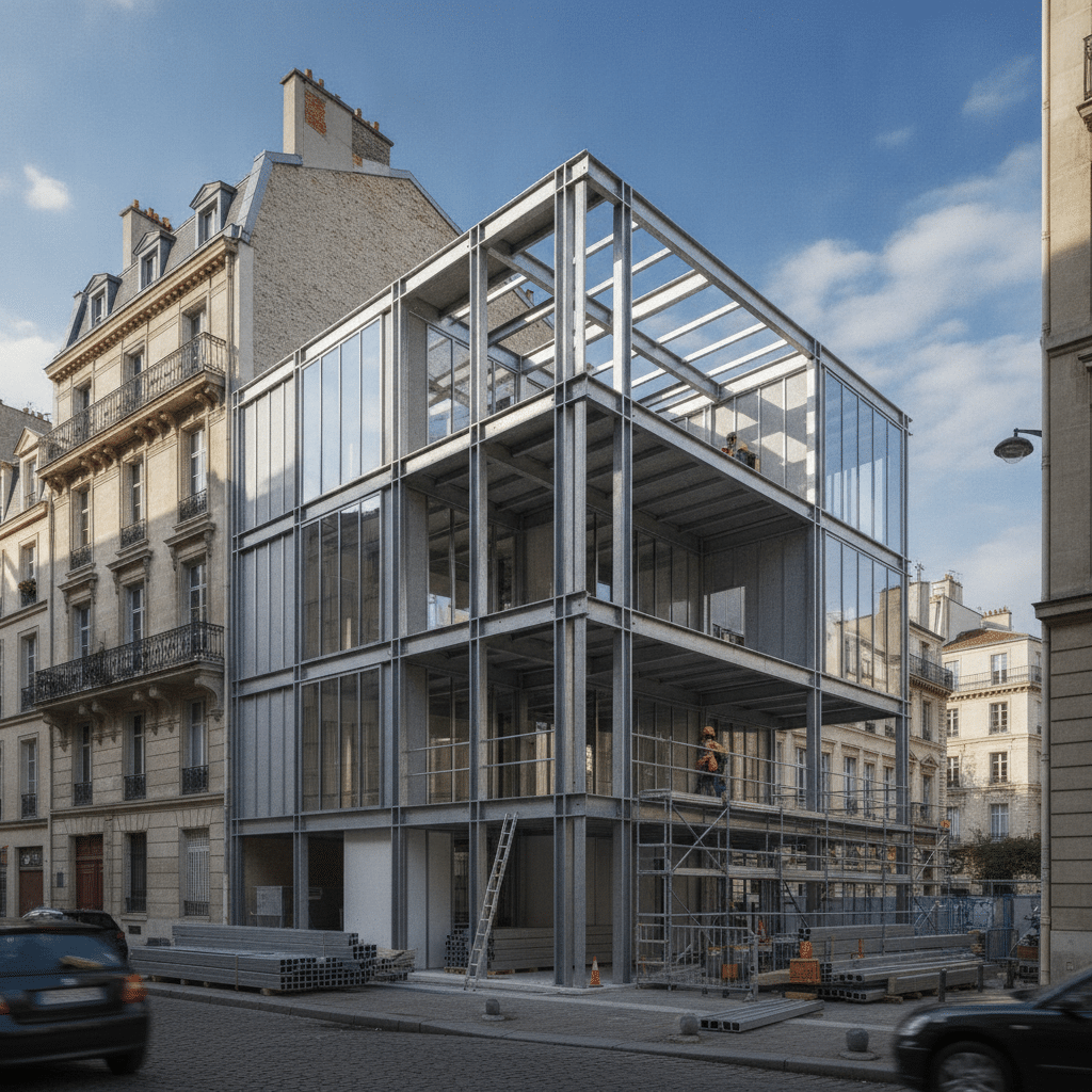 Surélévation d'un bâtiment existant avec charpente métallique légère en acier